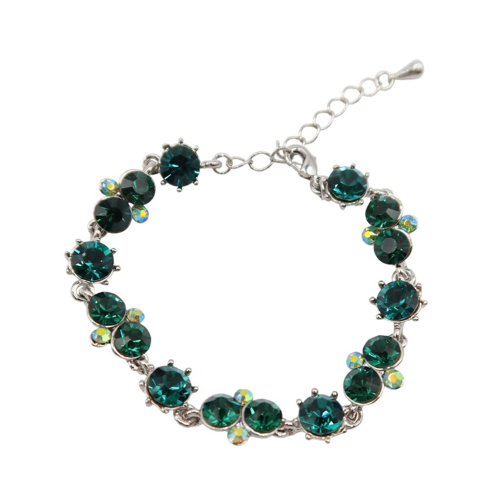 Kelly Green Iridescent Clear Crystal & Silver Tone Tennis Bracelet Unsigned